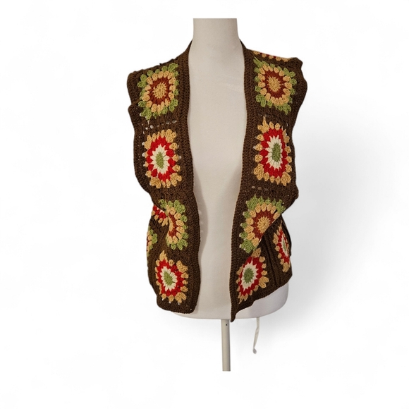 Handmade Sweaters - Crochet Granny Square Vest Brown Multi Color Floral Boho Design OS
